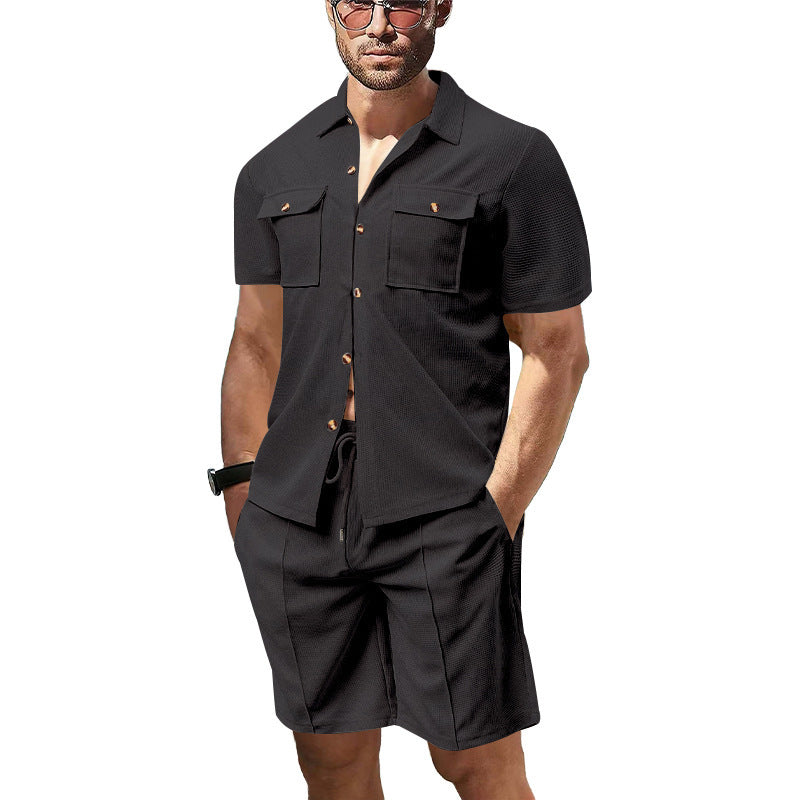 Men's structured short-sleeve shirt and bermuda set made of breathable cotton blend with chest pockets and drawstring Mune Fashion