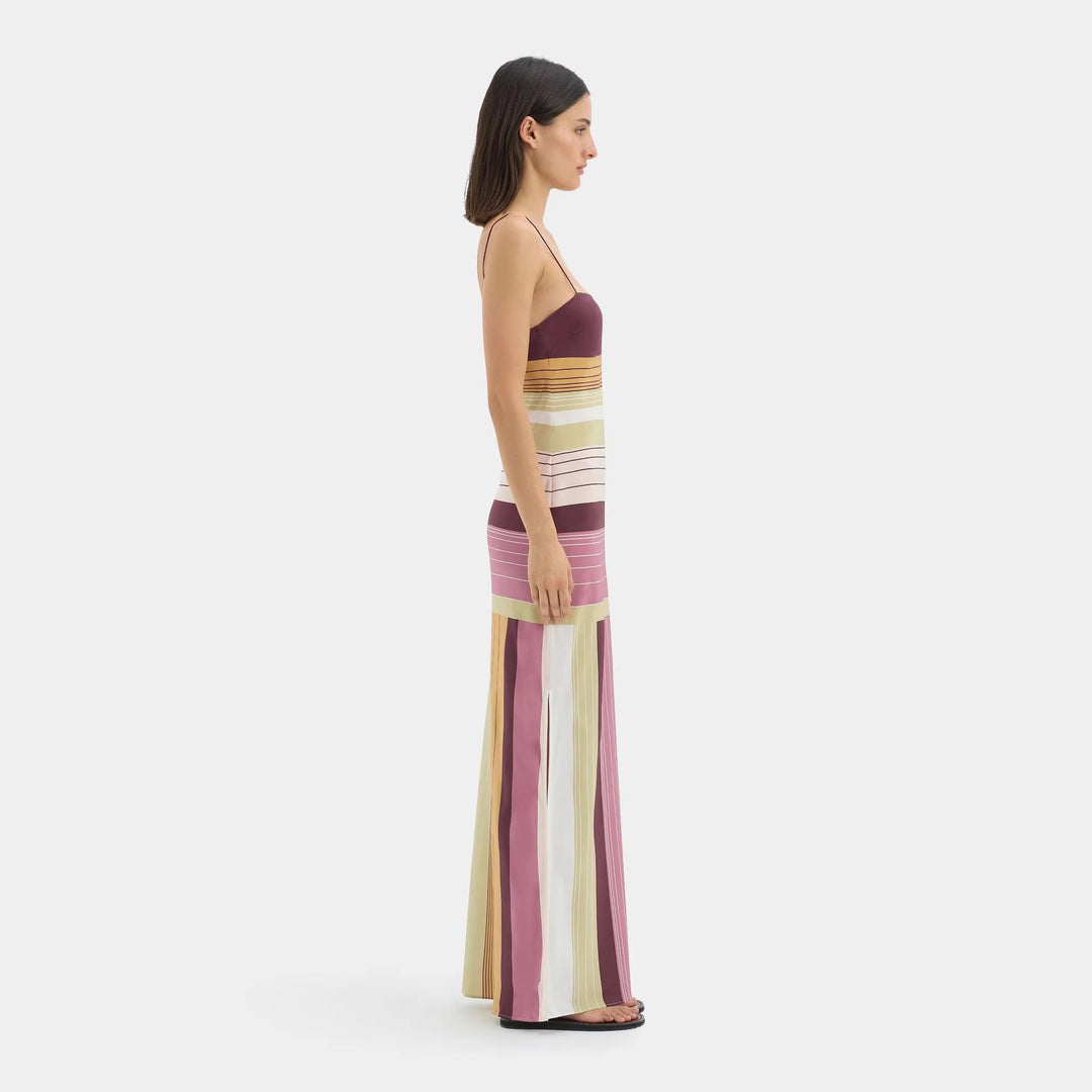 Women's figure-hugging maxi dress with spaghetti straps, straight neckline, panel stripes, and side slit Mune Fashion