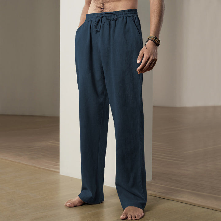 Men's soft linen-cotton lounge pants with elastic drawstring waistband, side pockets, and relaxed straight leg Mune Fashion
