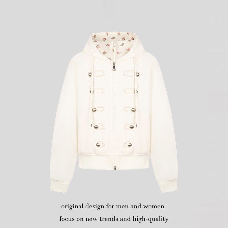 Women's hooded sweat jacket with decorative loops and metal button details Mune Fashion
