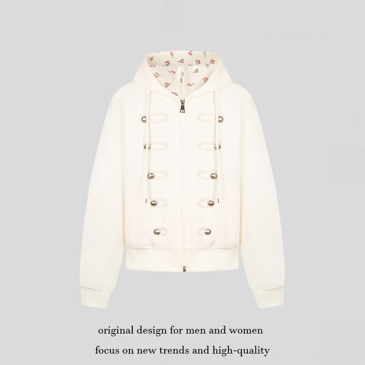 Women's hooded sweat jacket with decorative loops and metal button details Mune Fashion