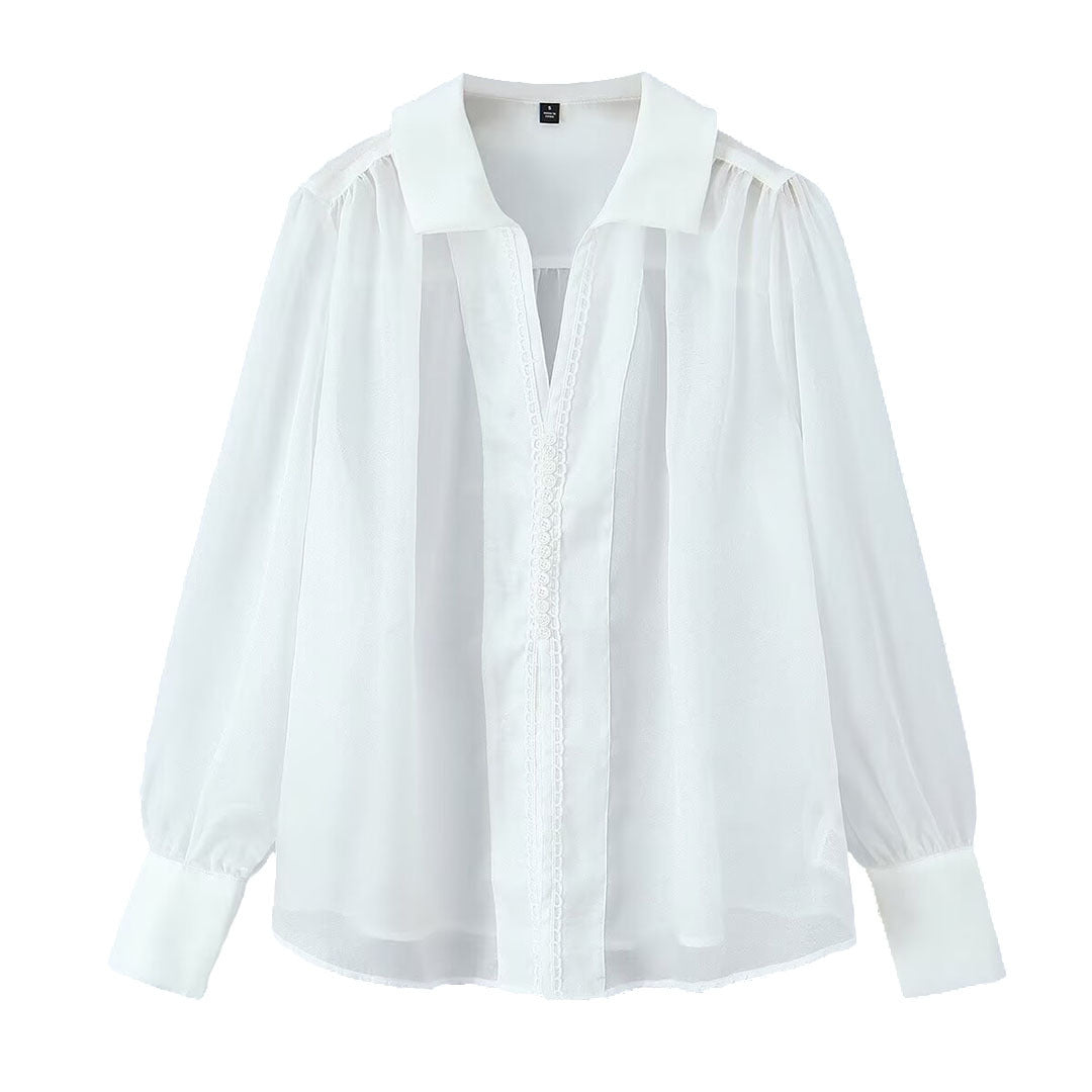 Ladies transparent chiffon blouse with volume sleeves, lace trim and wide cuffs