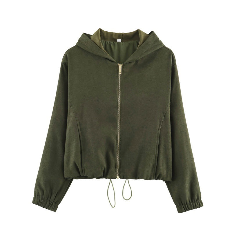 Women's short jacket in velour look with hood, full-length zipper and drawstring hem Mune Fashion