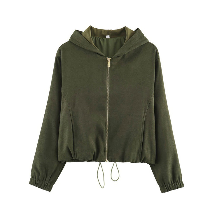 Women's short jacket in velour look with hood, full-length zipper and drawstring hem Mune Fashion