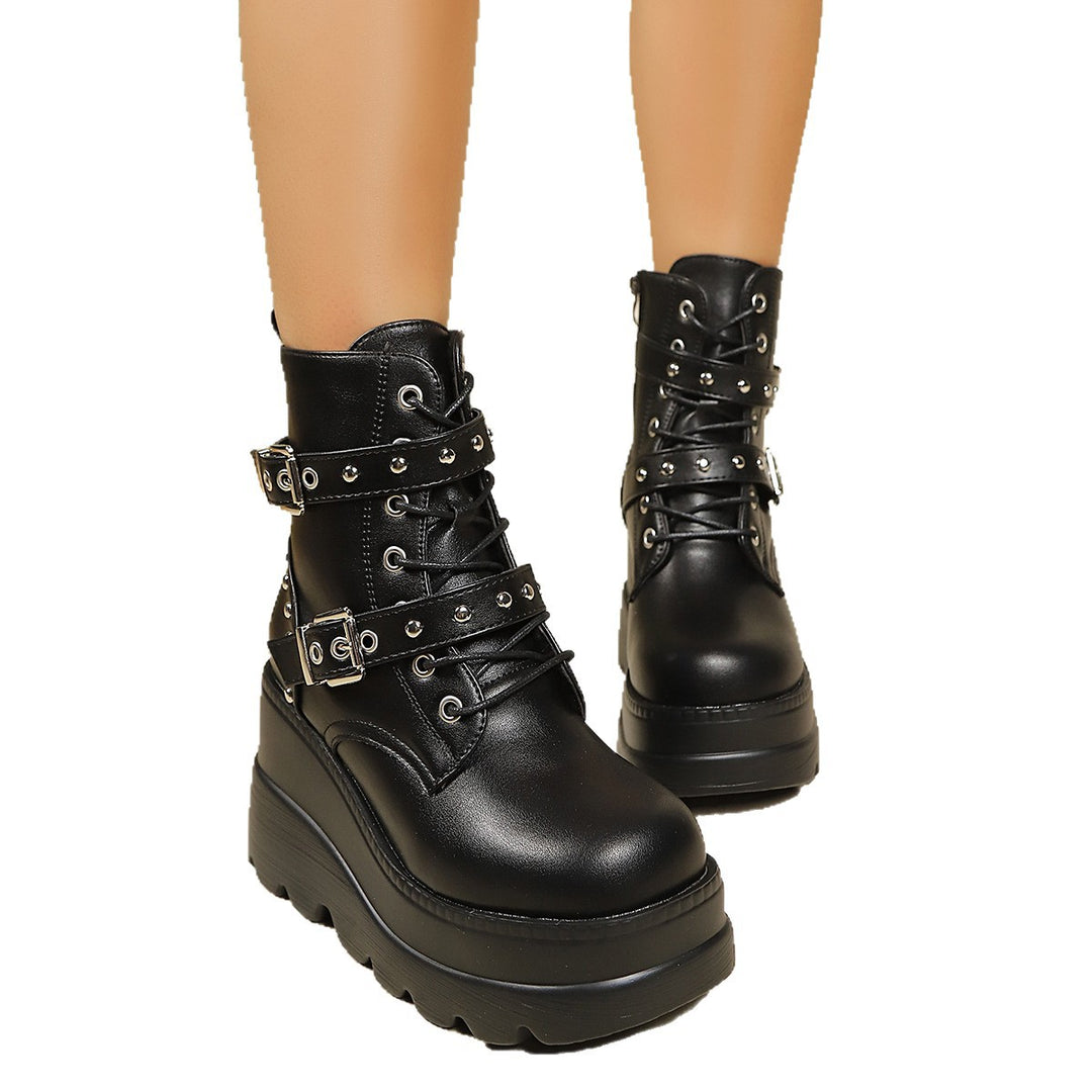 Ladies Padded Platform Biker Ankle Boots with Buckles and Studs Mune Fashion