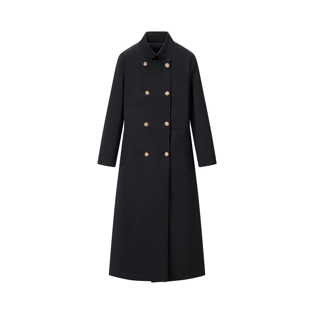 Women long double-breasted wool coat with stand-up collar and golden decorative buttons Mune Fashion