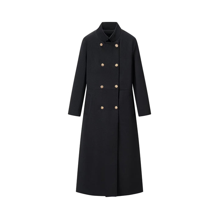 Women long double-breasted wool coat with stand-up collar and golden decorative buttons Mune Fashion