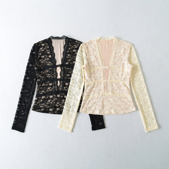 Women's Transparent Lace Blouse with V-Neck, Tailored Inserts and Long Sleeves Mune Fashion