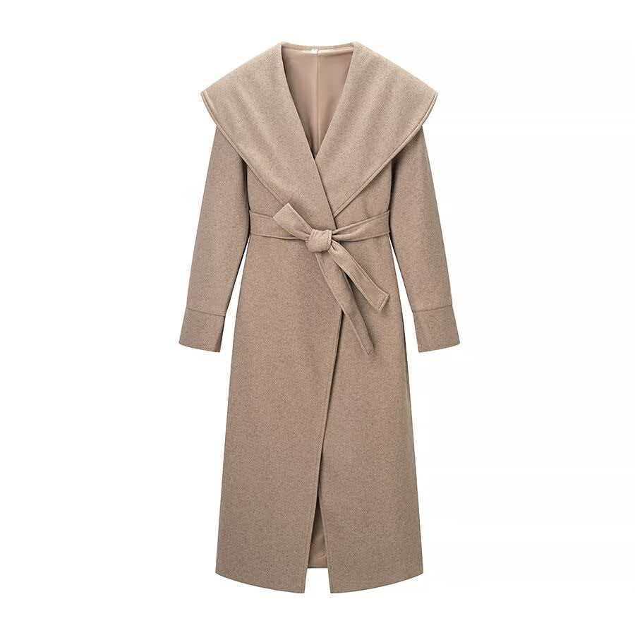 Women's Maxi Coat in Wrap Style with Wide Shawl Collar and Rolled-Up Sleeves Mune Fashion