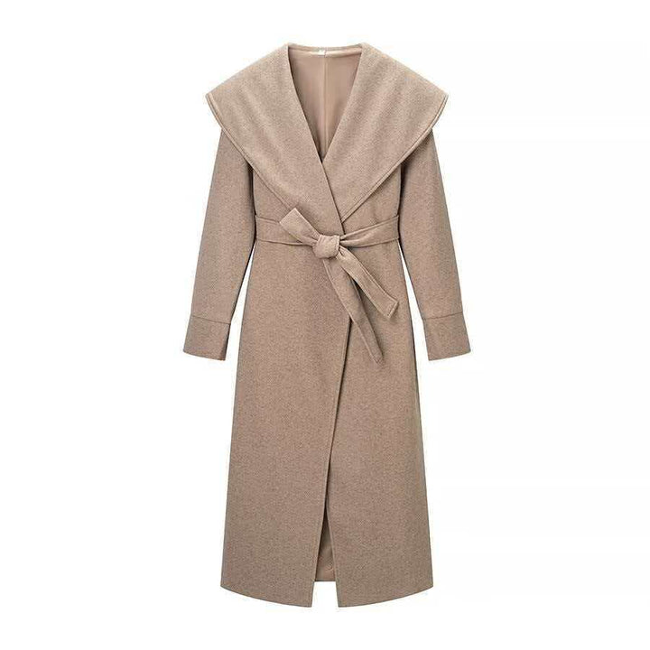 Women's Maxi Coat in Wrap Style with Wide Shawl Collar and Rolled-Up Sleeves Mune Fashion