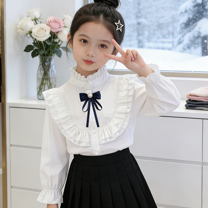 Girls elegant ruffle blouse with decorative bow closure Mune Fashion