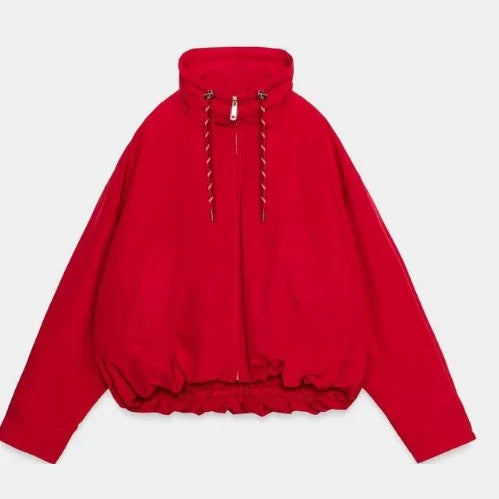 Women’s Oversize Cropped Hooded Jacket with Full Zip, Drawstring and Gathered Hem Mune Fashion