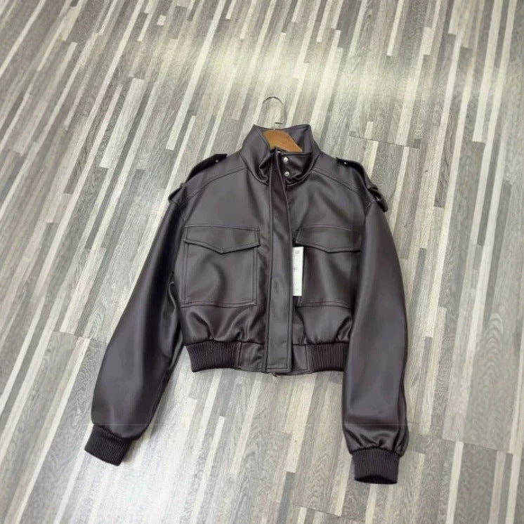 Women's Short PU Leather Bomber Jacket with High Stand-Up Collar, Flap Pockets and Shoulder Epaulettes Mune Fashion