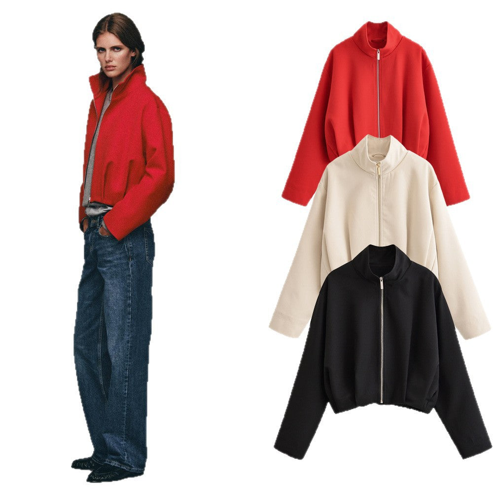 Women's Short Oversize Bomber Jacket with Stand-up Collar, Zipper and Boxy Silhouette Mune Fashion