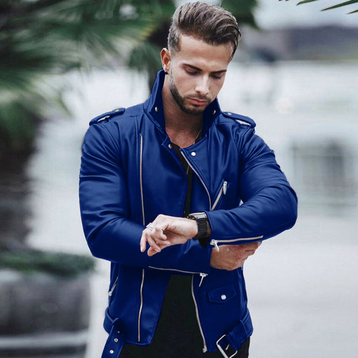 Men's stylish biker jacket made of faux leather with asymmetrical zipper and fitted cut Mune Fashion