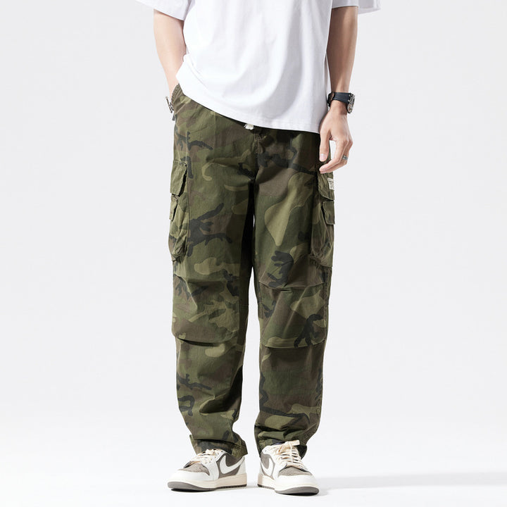 Men's Loose Fit Multi-Pocket Cargo Pants with Drawstring and Camouflage Pattern Mune Fashion