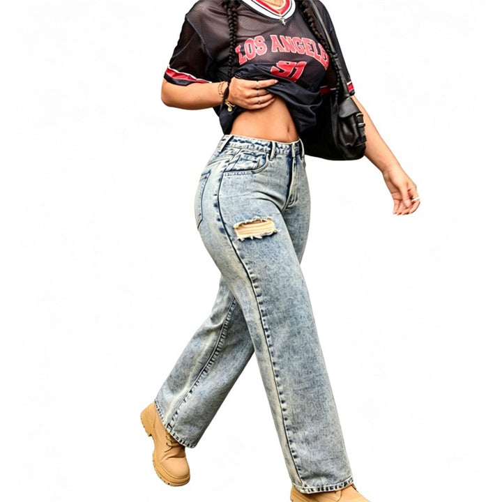 Ladies High-Waist Relaxed Jeans with Stone Wash Effect and Side Ripped Insert Mune Fashion