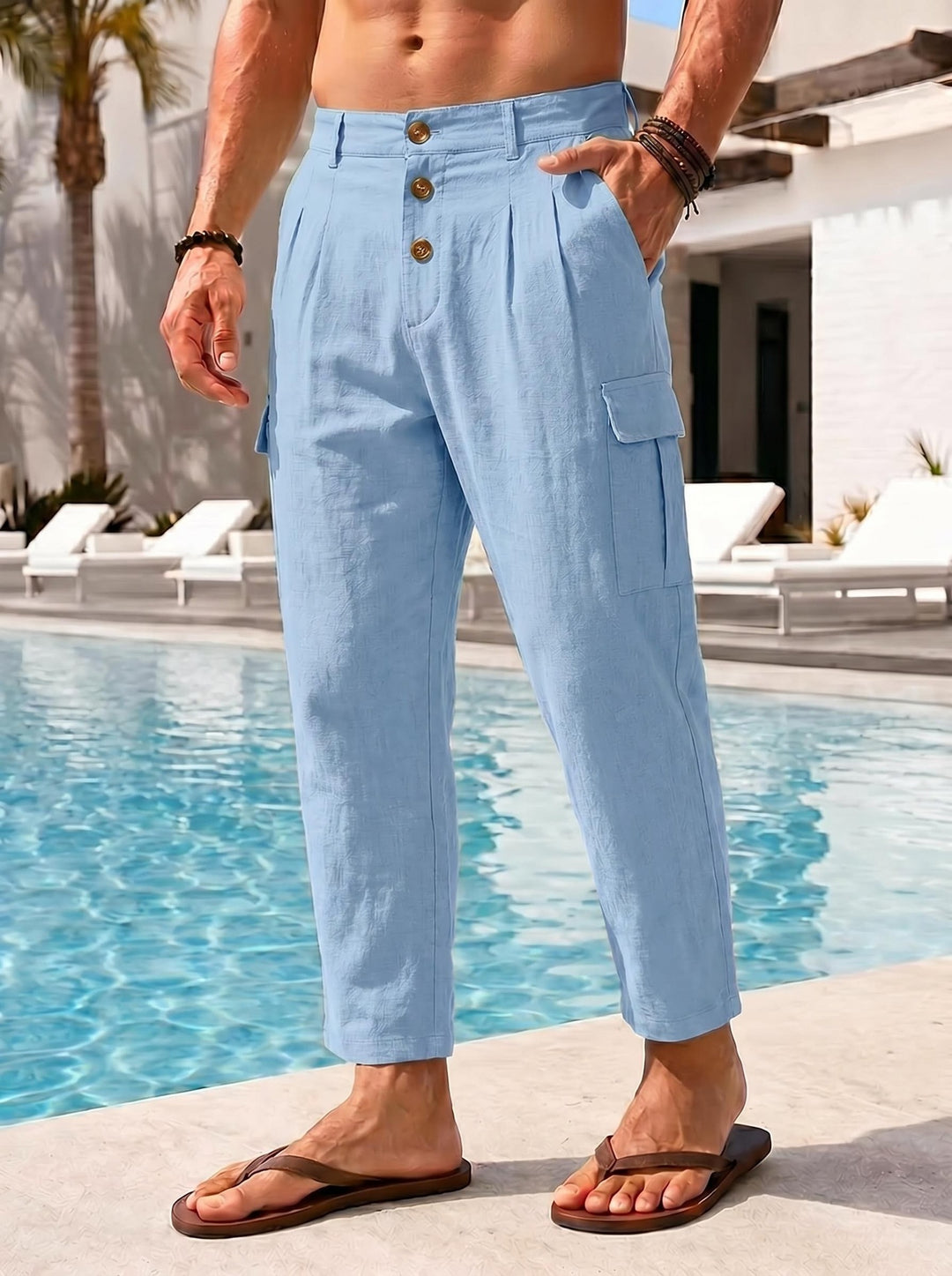 Men's casual linen cargo chino with button placket, pleats, and cropped ankle length Mune Fashion
