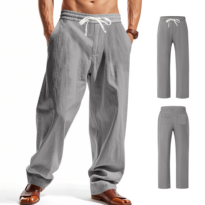 Men's wide comfort trousers in linen blend with elastic drawstring, straight leg, and patch back pockets Mune Fashion