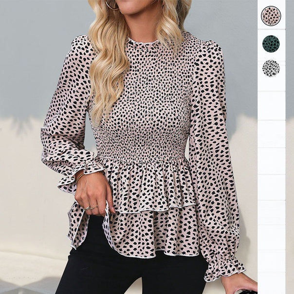 Women Smocked Chiffon Blouse Shirt with Tiered Peplum and Ruffled Sleeves Mune Fashion