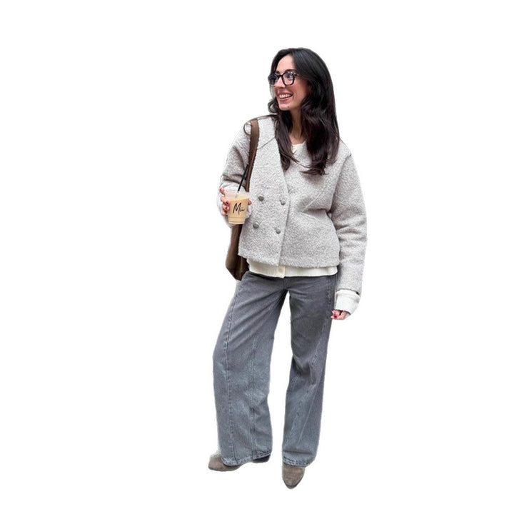 Women Short Teddy Jacket with Double Button Closure and V-Neck Mune Fashion
