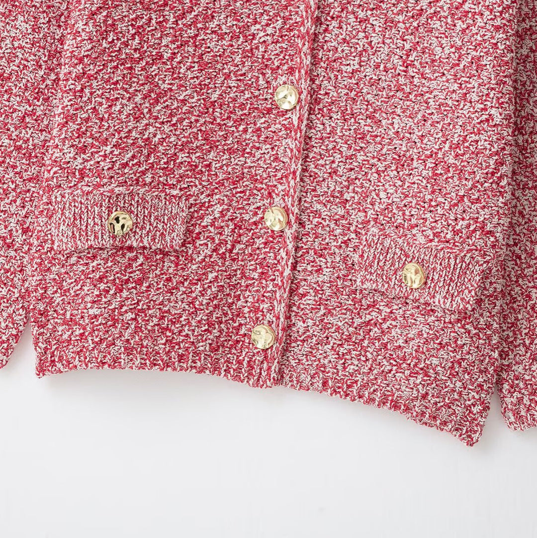 Women's Boucle Knit Cardigan with Pearlescent Buttons and Patch Pockets Mune Fashion