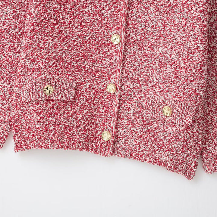 Women's Boucle Knit Cardigan with Pearlescent Buttons and Patch Pockets Mune Fashion