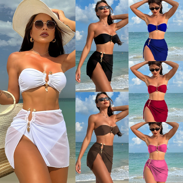 Ladies Bandeau Bikini Set with Elegant Skirt Overlay Mune Fashion