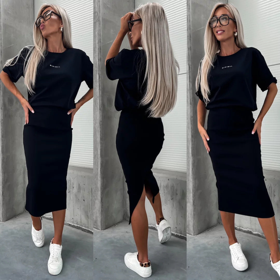 Women's two-piece knitted set with oversized boxy shirt and figure-flattering midi skirt with side slit Mune Fashion