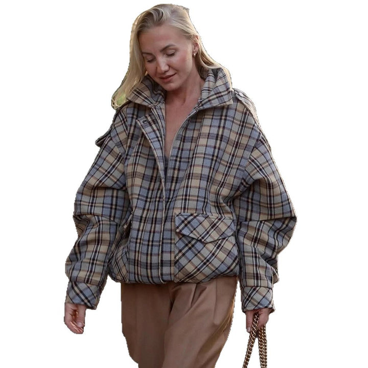 Women’s Oversized Check Coat in Boxy Cut with Zipper and Shoulder Flaps Mune Fashion