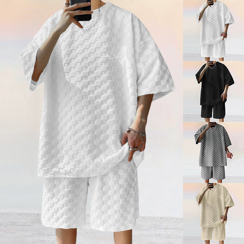 Unisex extra-large leisure set made of textured waffle quality with round neck and loose-fitting bermuda shorts Mune Fashion
