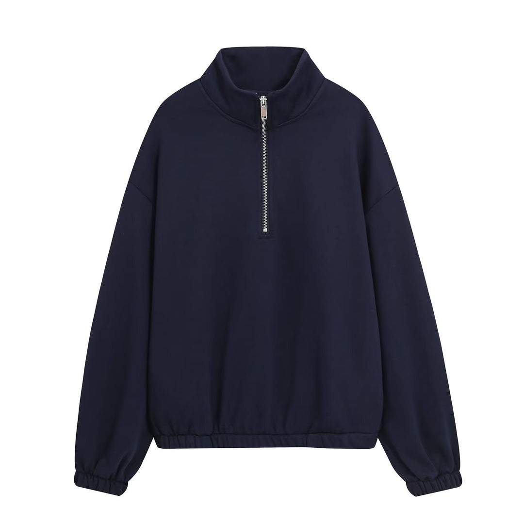Women’s oversized pullover with half zip stand collar, elastic hem, and drop shoulders Mune Fashion