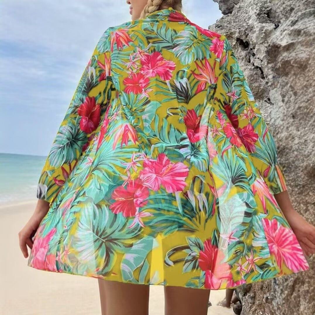 Women's bikini set with floral pattern and transparent beach cover-up Mune Fashion
