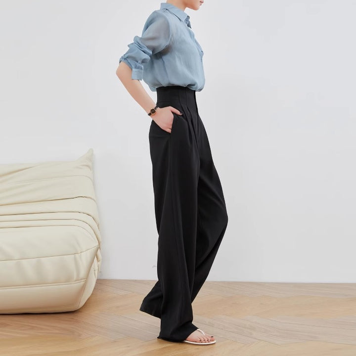 Ladies Elegant and Casual High-Waist Fabric Trousers Drune
