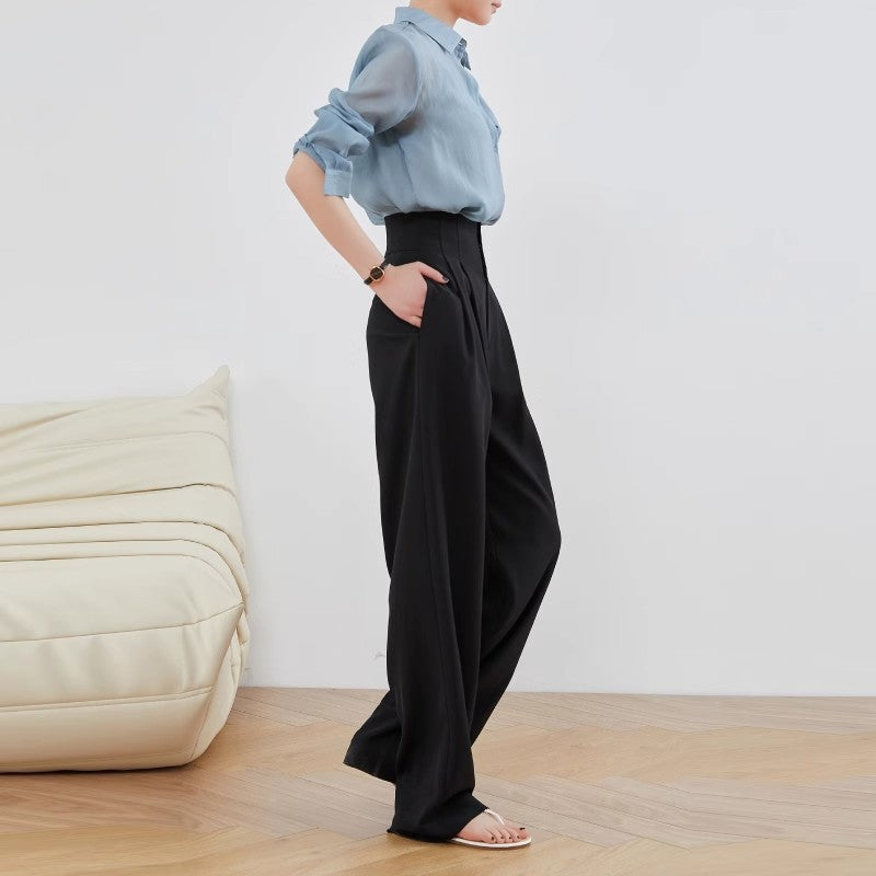 Ladies Elegant and Casual High-Waist Fabric Trousers Drune