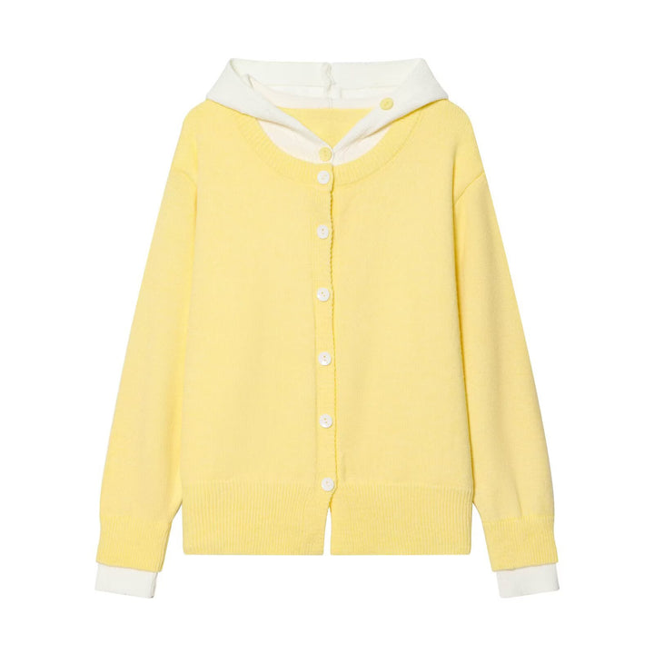 Women's fine knit cardigan with hood, contrast lining, and button placket Mune Fashion