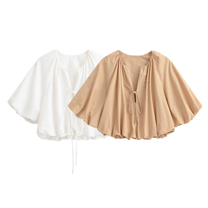Women's Oversize Cape Blouse with Drawstring, Balloon Sleeves and Gathered Hem Mune Fashion