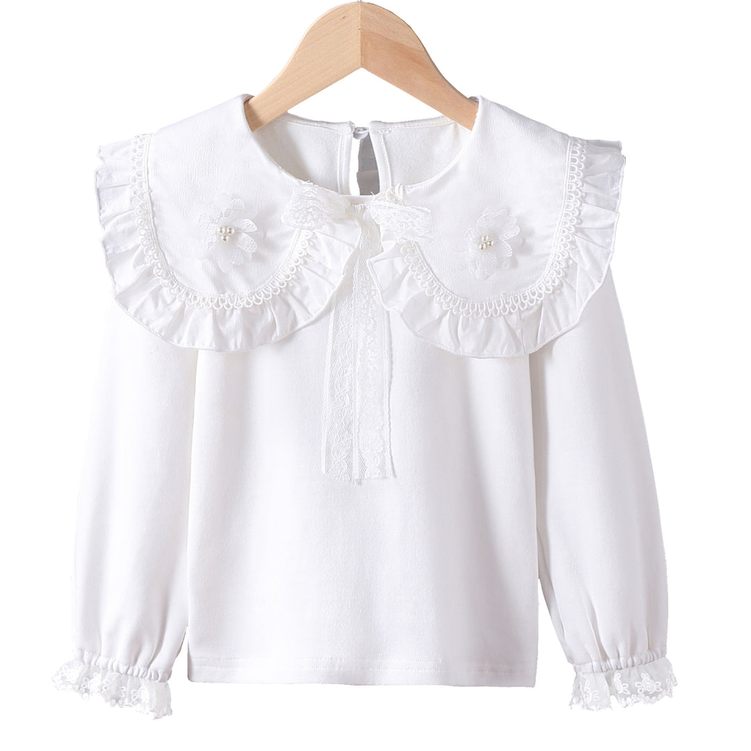 Girl blouse with ruffled collar and fine flower appliqués Mune Fashion