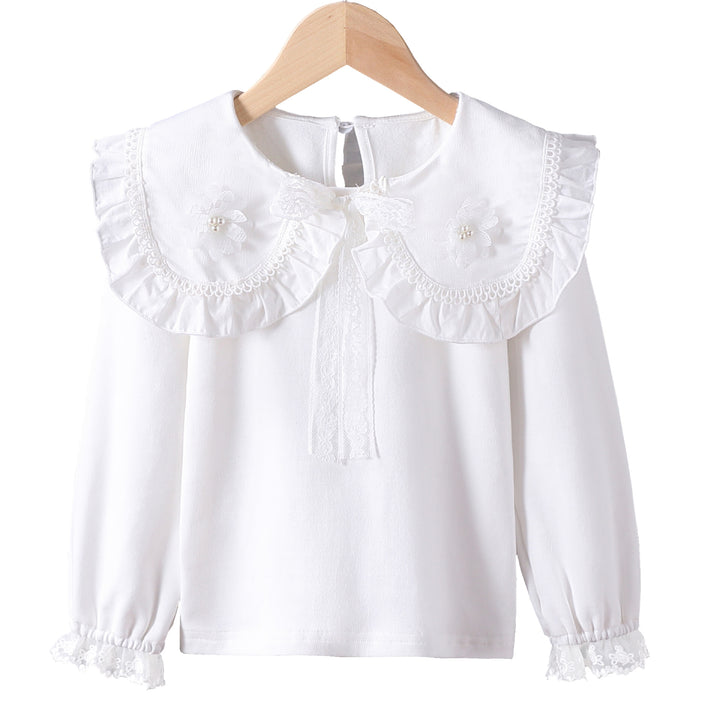 Girl blouse with ruffled collar and fine flower appliqués Mune Fashion