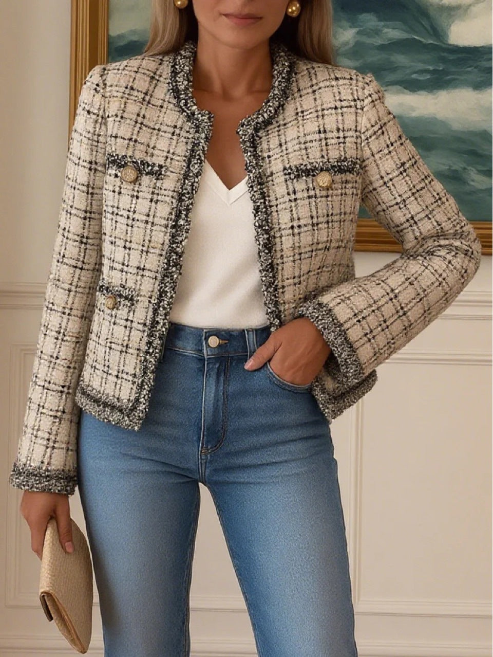 Women's short Boucle tweed jacket in classic cut with fringe trim and decorative buttons Mune Fashion
