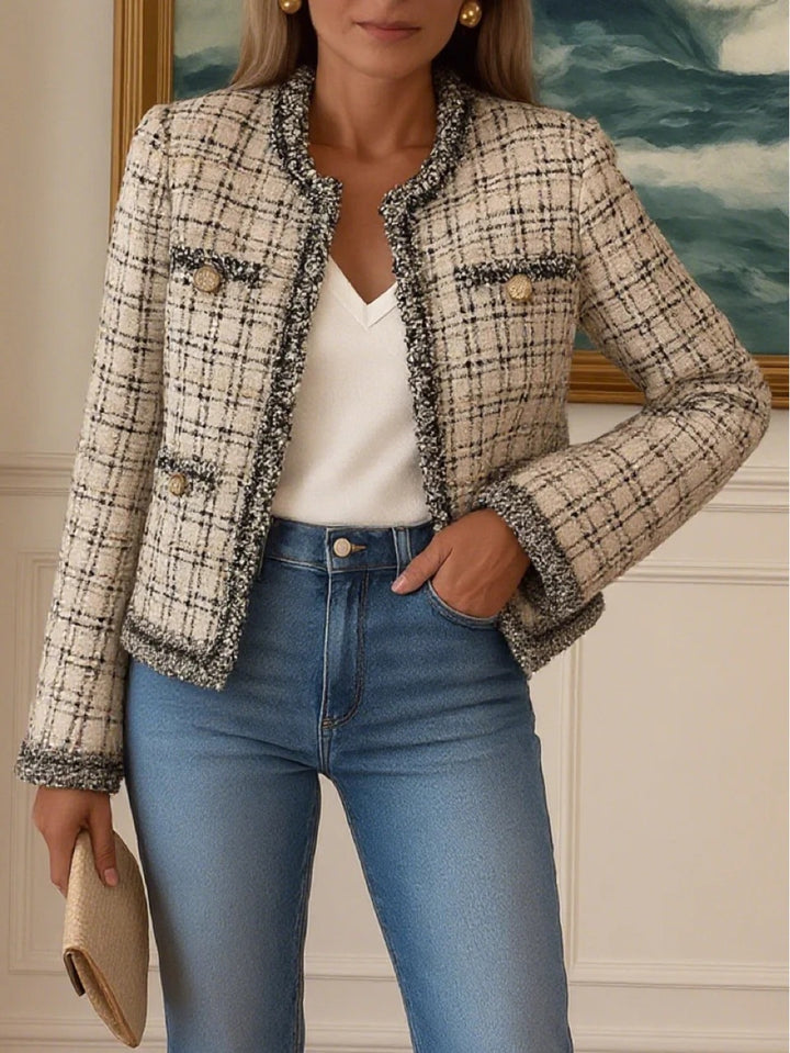 Women's short Boucle tweed jacket in classic cut with fringe trim and decorative buttons Mune Fashion