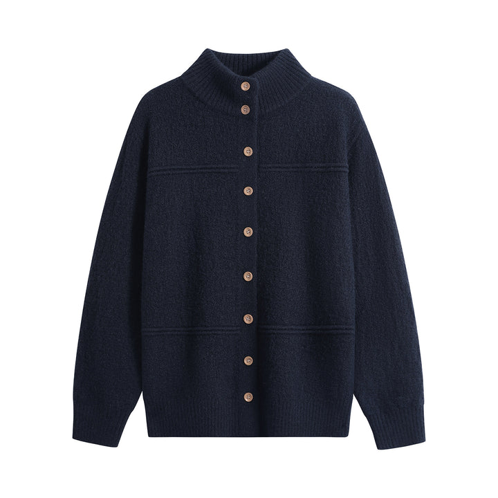 Women Long Oversize Wool Blend Cardigan with High Ribbed Collar and Vintage Buttons Mune Fashion