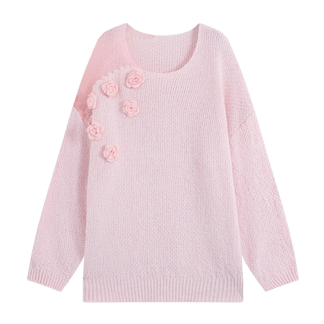 Women's knit set with cozy sweater featuring 3D flower appliqué and A-line skirt Mune Fashion
