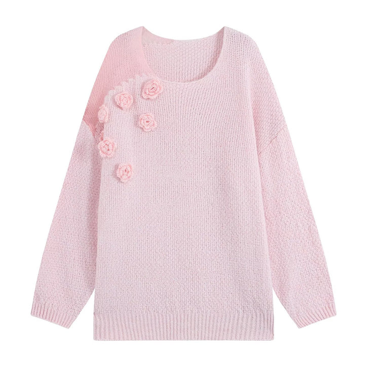 Women's knit set with cozy sweater featuring 3D flower appliqué and A-line skirt Mune Fashion