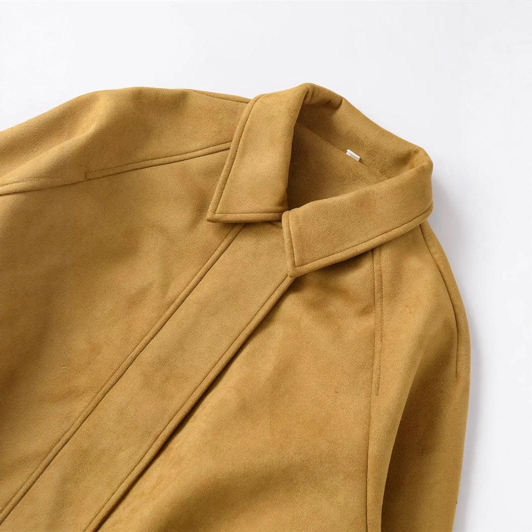 Women's cropped suede look bomber jacket with concealed zipper and tailored elastic hem Mune Fashion