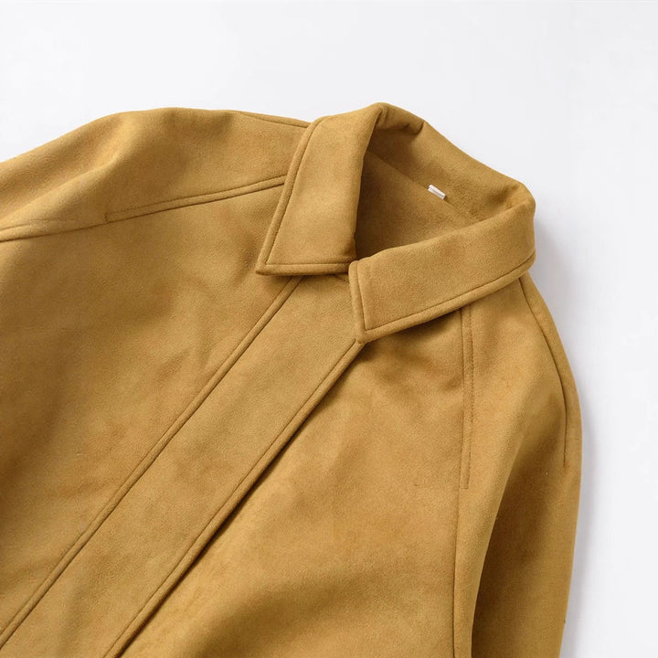 Women's cropped suede look bomber jacket with concealed zipper and tailored elastic hem Mune Fashion