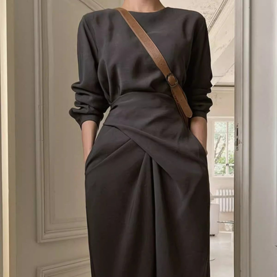 Women’s Modern Long Dress with Overlapping Waistline, Concealed Pockets, and Boxy Silhouette Mune Fashion