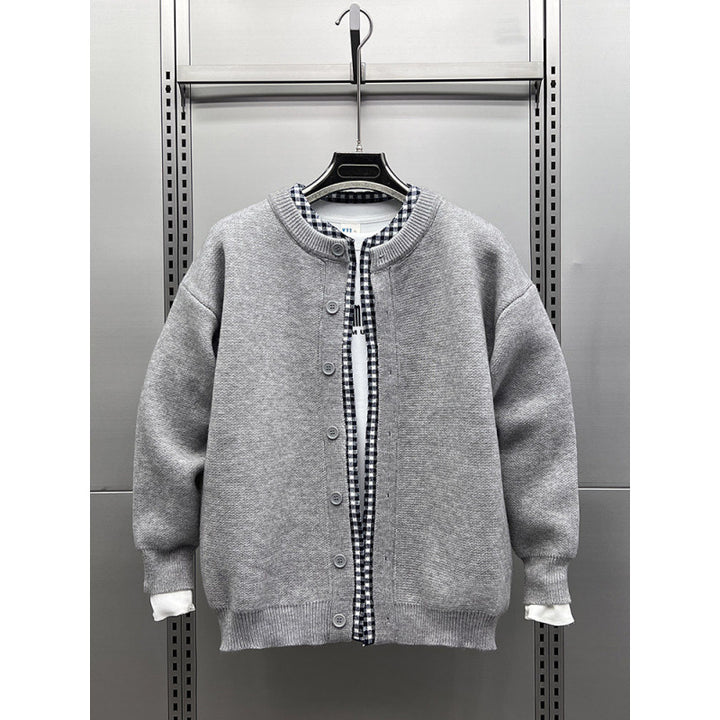 Unisex Casual Knit Jacket in Layering Look with Round Neck and Contrast Check Inner Layer Mune Fashion