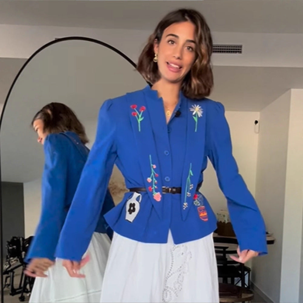 Women Embroidered Tailored Short Jacket with Peplum and Belt Mune Fashion