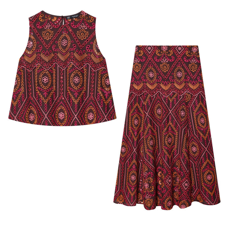 Women's embroidered A-line midi skirt with eyelet embroidery, tiered ruffle, and wavy hem Mune Fashion